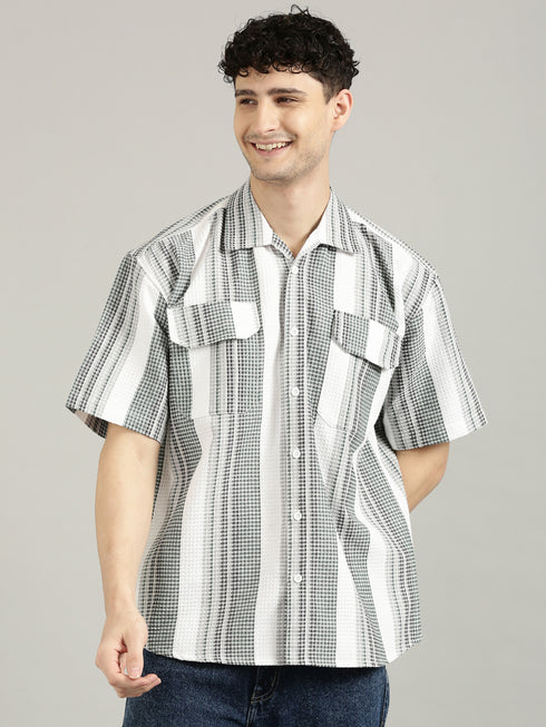White&Green Striped Short Sleeved Oversized Shirt